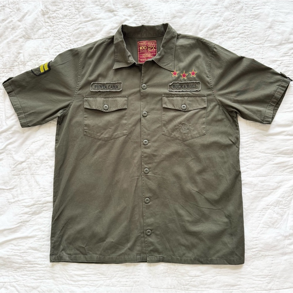 Hard Rock Cafe Mens Gorpcore Army Green Rock & Roll Shirt Punta Cana Patches XXL